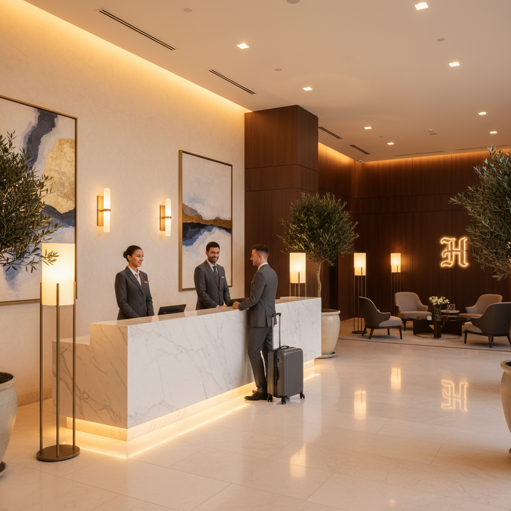 An elegant hotel lobby with a minimalist marble reception desk, professional staff in uniforms, warm ambient lighting, and modern art on the walls.