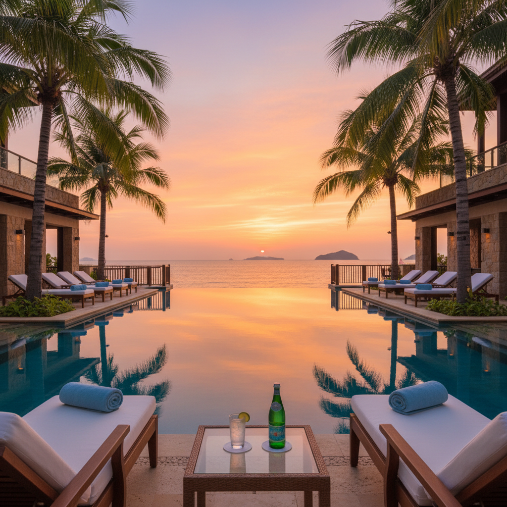 A stunning infinity pool at a luxury resort overlooking the turquoise ocean during a golden hour sunset, with comfortable lounge chairs and palm trees.